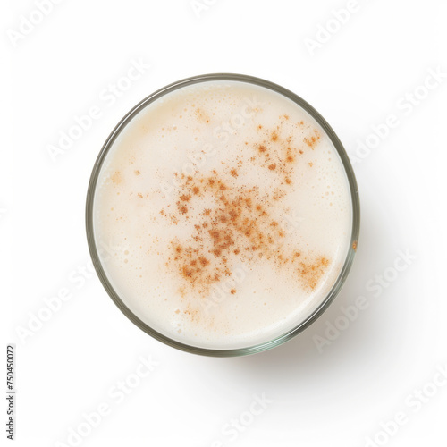 Top-down view of pure and unadorned horchata with a sprinkle of cinnamon, isolated on a white background. Traditional Mexican beverage concept for food and drink design