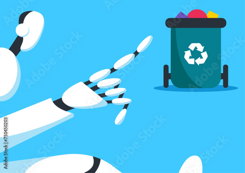 Volunteer AI Robot clearing the streets of trash and natural debris. Waste recycling service. Flat vector illustration.