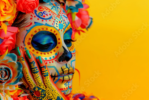 Mexican skull for celebration; A woman with a painted face and a flower crown