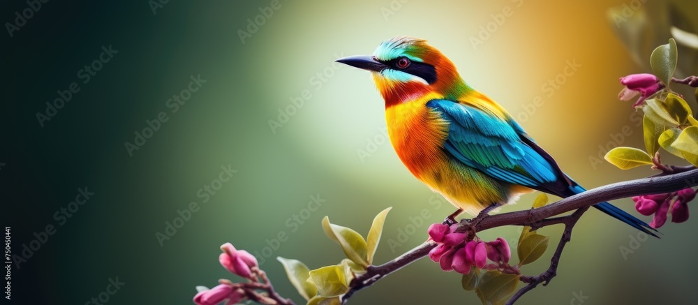 Vibrant Plumage: Exotic Colorful Bird Sits Gracefully on a Delicate Tree Branch