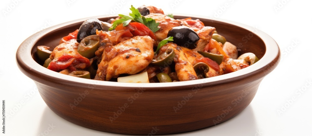 Savory Chicken Cacciatore Served in Vibrant Southwestern Bowl on Clean White Background Savory Chicken Cacciatore Served in Vibrant Southwestern Bowl on Clean White Background