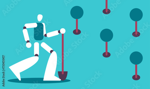 Mutual support. Public yard improvements. Robot plants trees and plants. Voluntary services. Flat vector illustration.