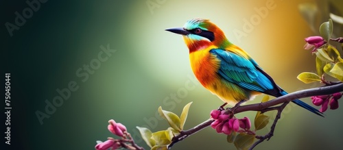 Vibrant Plumage: Exotic Colorful Bird Sits Gracefully on a Delicate Tree Branch © HN Works