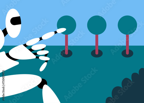 Mutual support. Public yard improvements. Ai robot plant trees and plants. Voluntary services. Flat vector illustration.