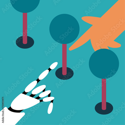 Mutual support. Public yard improvements. Robot and Man plant trees and plants. Voluntary services. Flat vector illustration.