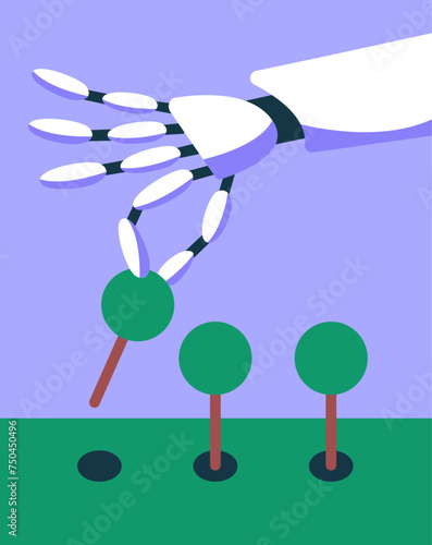 Mutual support. Public yard improvements. Robotic arm plant trees and plants. Voluntary services. Flat vector illustration.