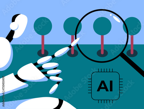 Mutual support. Public yard improvements. AI Robot plant trees and plants. Voluntary services. Flat vector illustration.