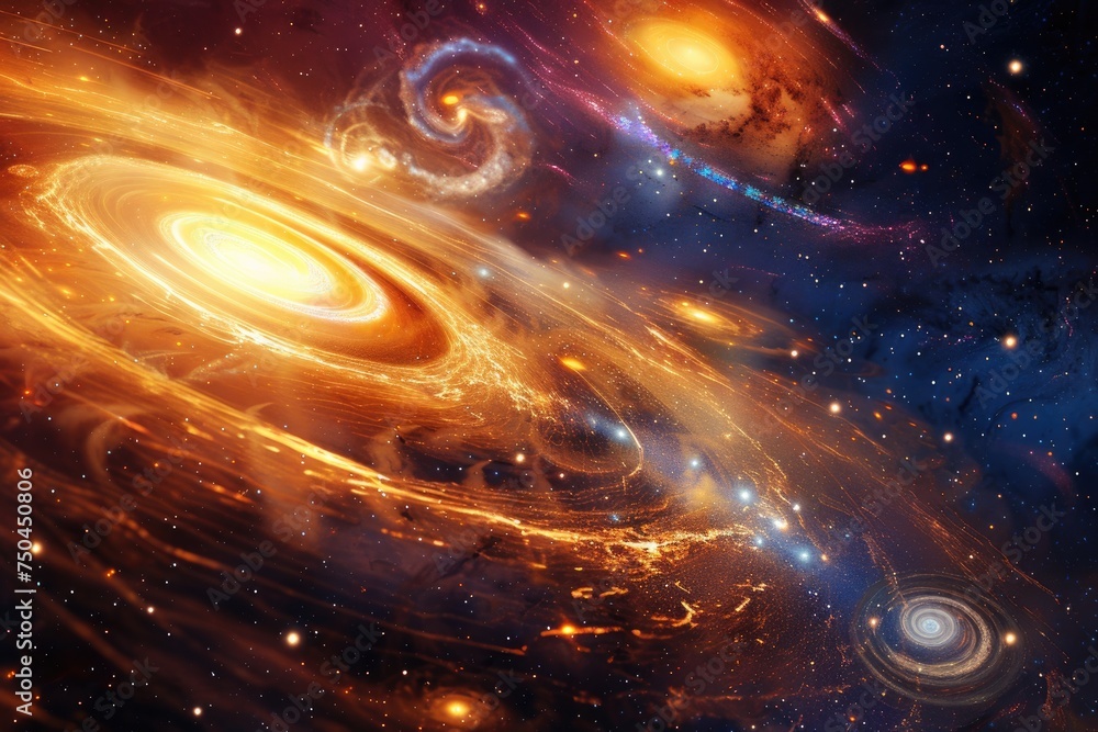Obraz premium Abstract formations resembling planetary orbits and cosmic trajectories against a backdrop of swirling galaxies