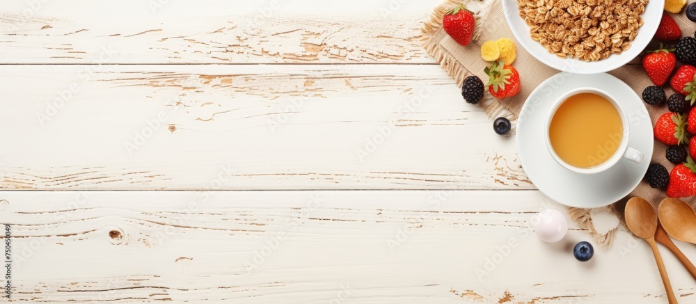 Vibrant Breakfast Spread with Fresh Berries, Granola, Honey, and Waffles on Tabletop Vibrant Breakfast Spread with Fresh Berries, Granola, Honey, and Waffles on Tabletop