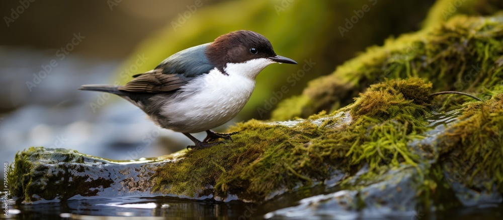 Graceful White-Throated Dipper Perched on Lush Moss Covered Rock in Serene Natural Habitat Graceful White-Throated Dipper Perched on Lush Moss Covered Rock in Serene Natural Habitat