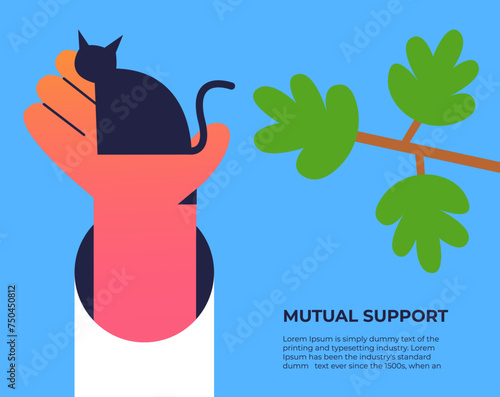 Mutual support: Rescue a cat from a tree. Metaphor of voluntary, joint exchange of resources and services. Flat vector illustration.