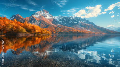 A tranquil autumn scene with a mirror-like lake reflecting the vibrant colors of fall foliage on trees  with majestic snow-capped mountains in the background under a clear blue sky.
