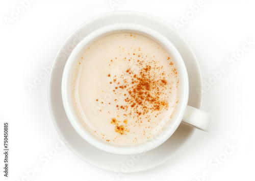 Top-down view of atole served in a plain cup on a matching saucer isolated on a white background. Traditional Mexican beverage concept for design with copy space