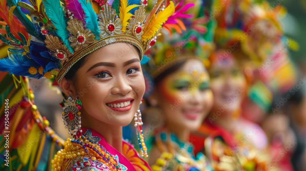 A smiling woman with vibrant feathered headgear, colorful traditional attire representing a festive mood, blurred background with another person's partial face in similar makeup and costume.