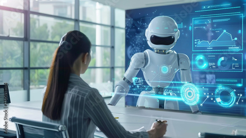 The businesswoman and the futuristic humanoid robot are interacting in the office to discuss the business analytics interface.