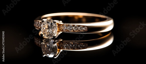 Elegant Diamond Ring Sparkling on Reflective Surface in Close-Up Macro Shot