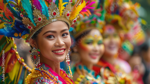 A smiling woman with vibrant feathered headgear, colorful traditional attire representing a festive mood, blurred background with another person's partial face in similar makeup and costume.
