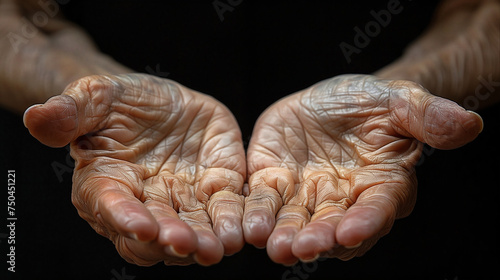 Hands of old person with his hands out for donations