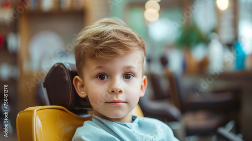 A young child sits in a barber chair with a messy hairdo. The child is looking at the camera with a serious expression. The barber chair is surrounded by various grooming tools and products