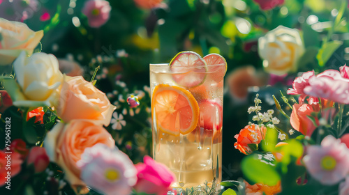 Floral themes and refreshing beverage. Refreshing lemonade in a tall Glass amongst lush floral garden Setting.