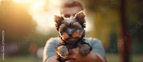 Caring Person Holding Cute Yorkshire Terrier Puppy with Tender Affection photo