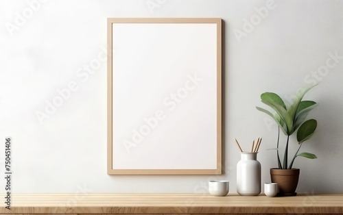 Blank wooden picture frame mockup on off white wall in modern interior. Vertical artwork template mock up for artwork, painting, photo or poster in interior design with green plants. AI Generative.