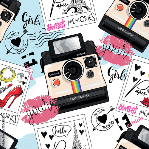 Fashion seamless pattern with camera and Paris. pattern with  sketch Eiffel T...