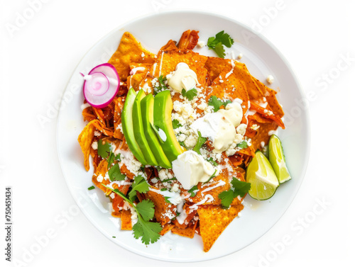 Top-down view of neatly plated chilaquiles with avocado and sour cream isolated on a white background. Traditional Mexican breakfast dish concept for menu design
