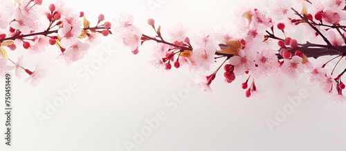 Ethereal Cherry Blossom Branch Blooms Against Serene White Backdrop © HN Works