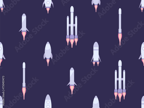 Seamless pattern with space rockets. Orbital launch vehicle. Spacecraft for launching cargo into orbit. Spaceships for space exploration and interplanetary flights. Vector illustration