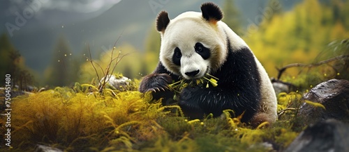 Adorable Giant Panda Feasting on Leaf in Lush Forest Habitat