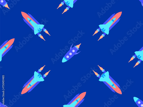 Spaceships seamless pattern. Orbital launch vehicle. Space rockets in flat style. Spaceships for space exploration and interplanetary flights. Design for banners and posters. Vector illustration