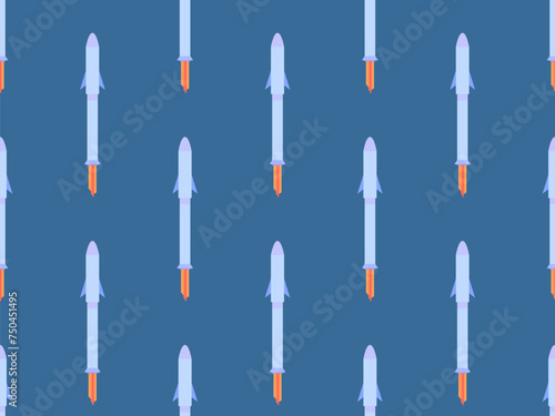 Spaceships seamless pattern. Orbital launch vehicle. Space rockets in flat style. Spaceships for space exploration and interplanetary flights. Design for banners and posters. Vector illustration