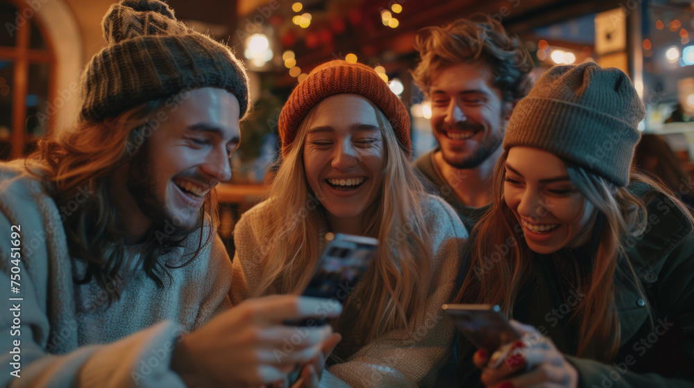 A group of joyful young adults wearing beanies and sweaters cheerfully interact with smartphones in a cozy, well-lit setting at night. A group of joyful young adults wearing beanies and sweaters cheerfully interact with smartphones in a cozy, well-lit setting at night.