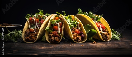 Savor the Flavor: Trio of Delicious Tacos with Minced Meat, Beans, Cheese, and Onion
