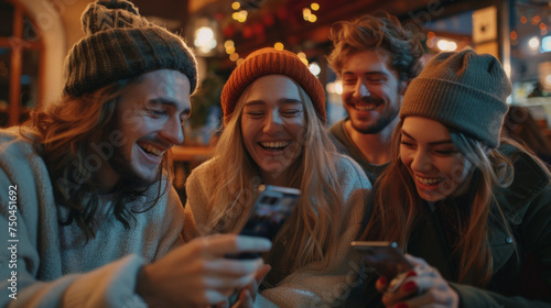 A group of joyful young adults wearing beanies and sweaters cheerfully interact with smartphones in a cozy, well-lit setting at night.