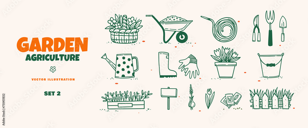 Gardener set in linear style. A basket with flowers, a wheelbarrow, a hose, gloves, seeds, a watering can and plants on a light background. Vector illustration for garden or flower shop design.