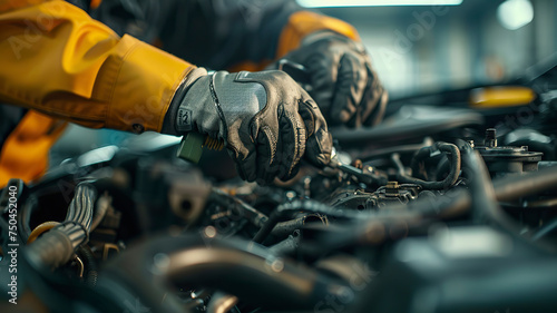 auto mechanic working in workshop, close up a car mechanic repairing car engine, service worker at the work