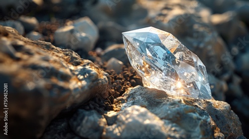 A sparkling diamond resting on a pile of rocks. Perfect for jewelry or geology concepts