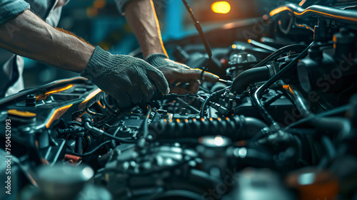 auto mechanic working in workshop, close up a car mechanic repairing car engine, service worker at the work photo