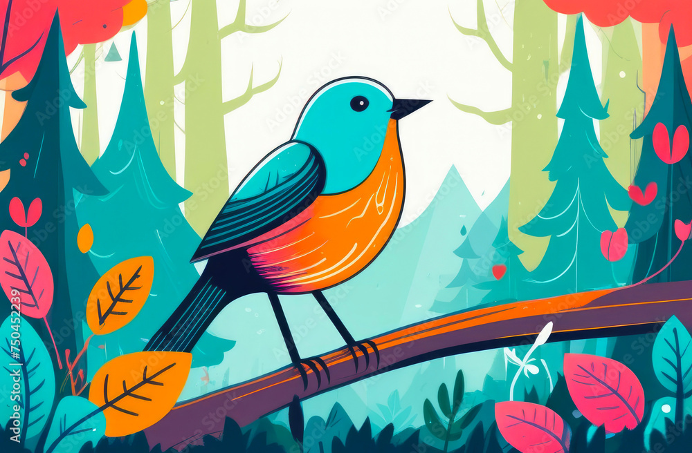 bright drawing of a bird on a branch in the forest. Animal flat illustration