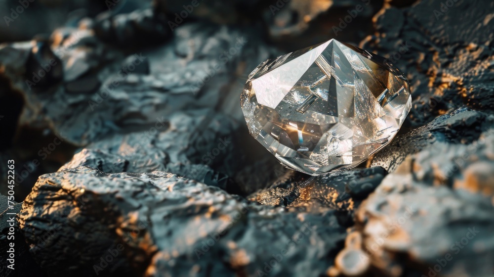 A sparkling diamond resting on a pile of rocks. Suitable for jewelry or nature concepts