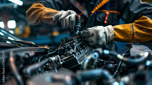 auto mechanic working in workshop, close up a car mechanic repairing car engine, service worker at the work