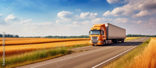 Rural Transport: Orange Truck Hauls Grain Through Scenic Countryside During Harvest Season photo