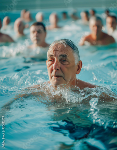 A group of vibrant and diverse mature man, ranging from different ethnicities and backgrounds, laughing and splashing in a crystal clear pool as they participate in an aqua gym class