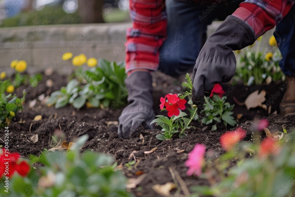 Fototapeta premium gardener planting flowers in garden bed