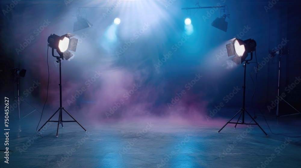 Three spotlight lights in a dark room with fog. Ideal for dramatic or mysterious themes