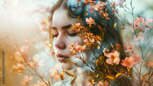 Imagined woman in front of flowers and sunlight, in the style of double exposure. Warm color palettes, light gold and orange. Spring fantasy background