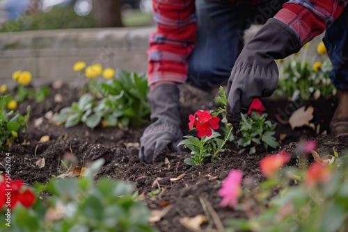 gardener planting flowers in garden bed 