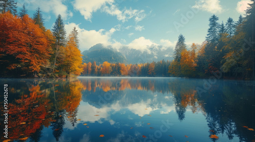 Tranquil autumn scenery with vibrant foliage reflecting in the calm waters of a forest lake under a hazy blue sky with soft clouds.